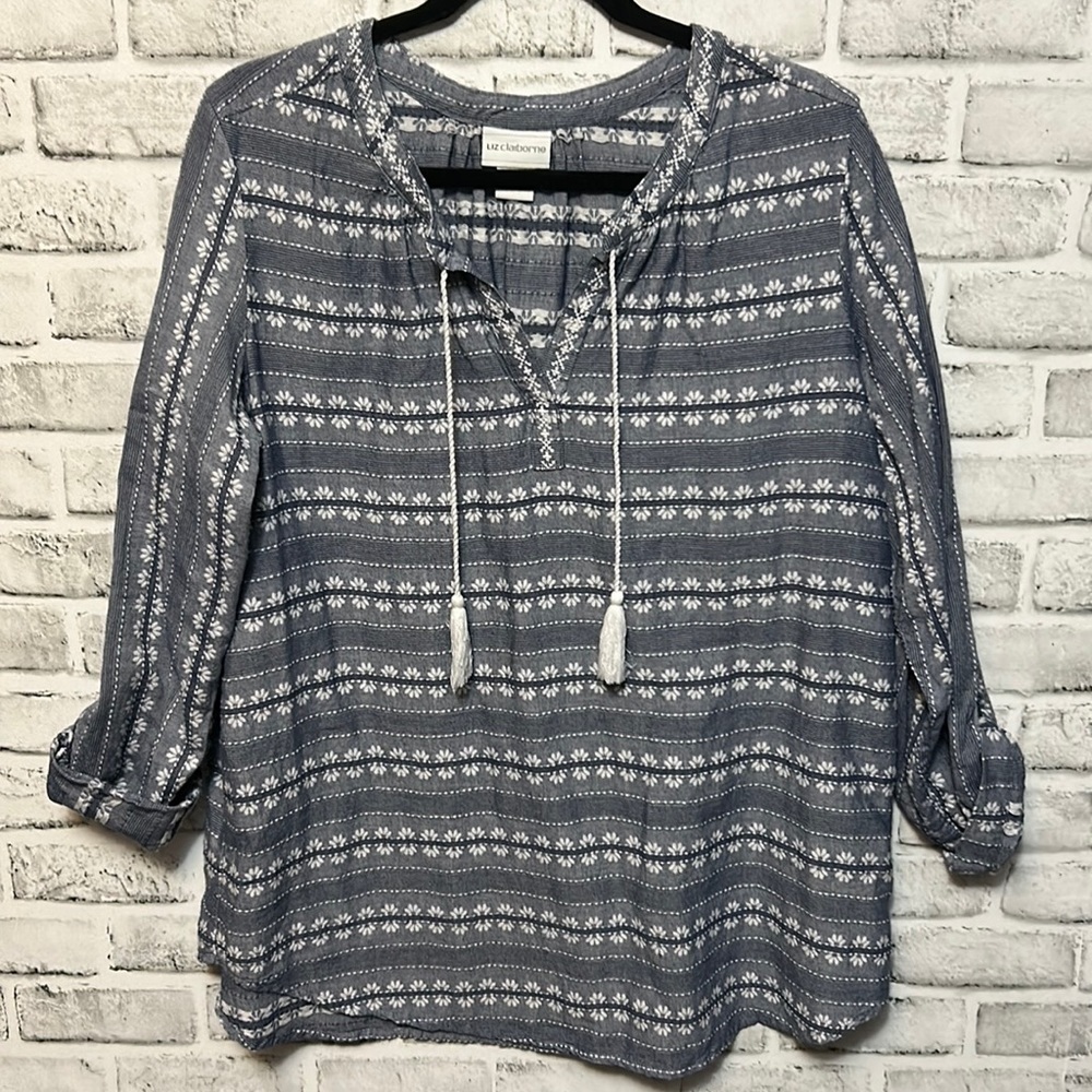 Liz Claiborne Blue & White Blouse, Size L, Bohemian Style, Tassels, Sleeve Roll